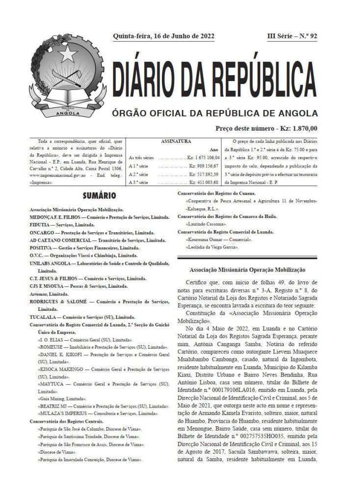 Diário da República IIIª Série n.º 92 de 16 de Junho de 2022