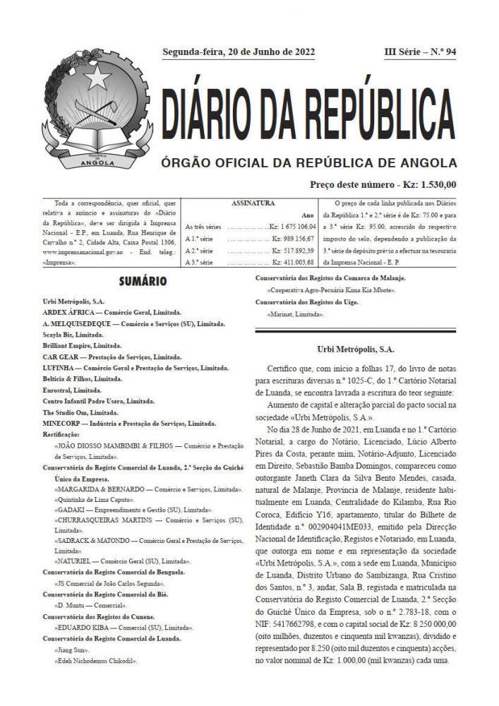 Diário da República IIIª Série n.º 94 de 20 de Junho de 2022