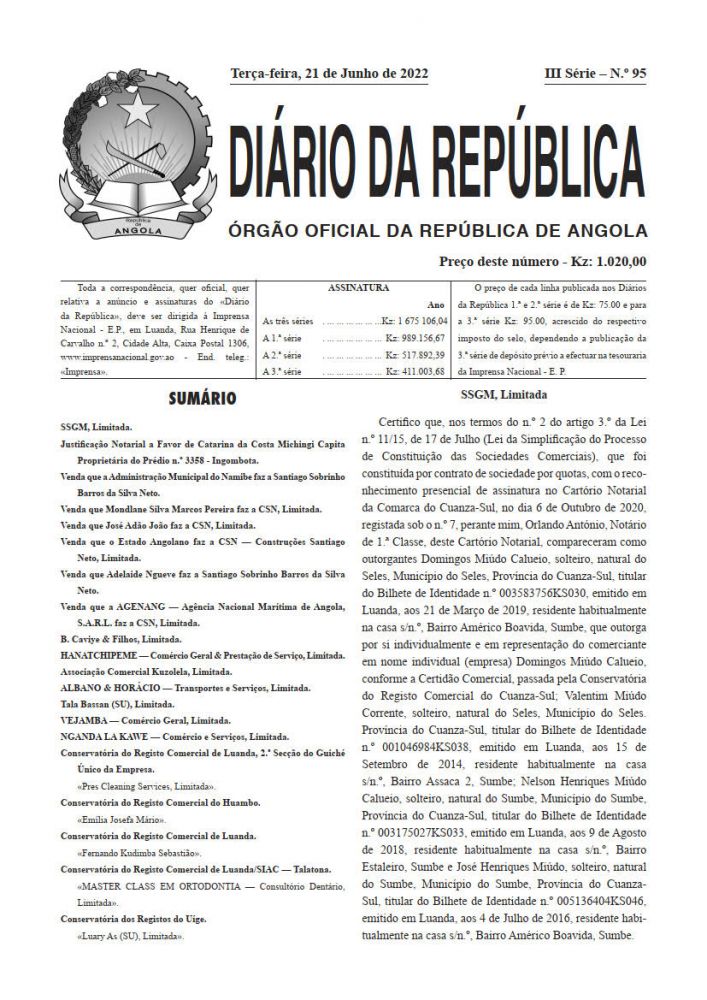 Diário da República IIIª Série n.º 95 de 21 de Junho de 2022
