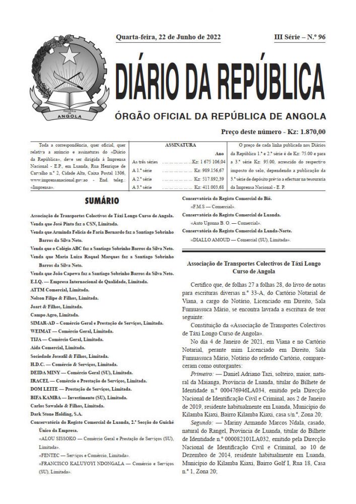 Diário da República IIIª Série n.º 96 de 22 de Junho de 2022