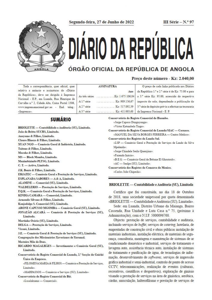 Diário da República IIIª Série n.º 97 de 27 de Junho de 2022