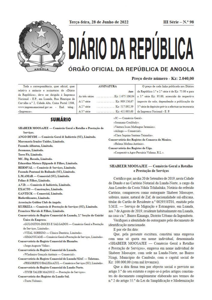 Diário da República IIIª Série n.º 98 de 28 de Junho de 2022