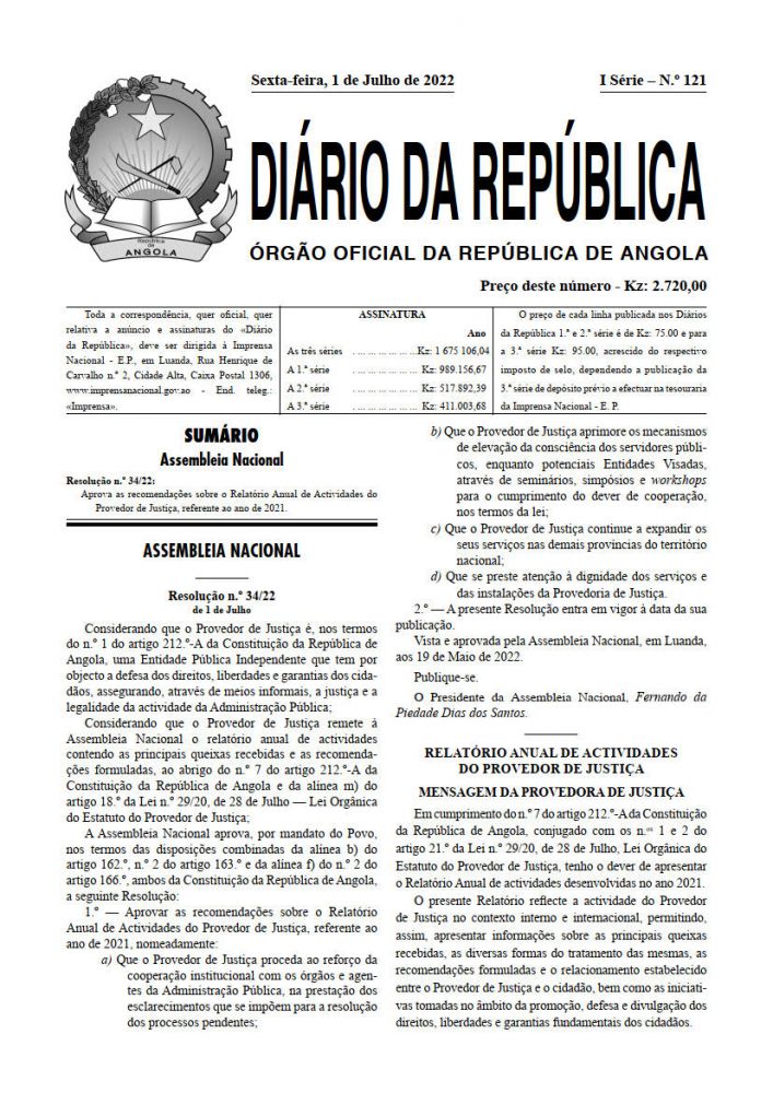 Diário da República Iª Série n.º 121 de 01 de Julho de 2022