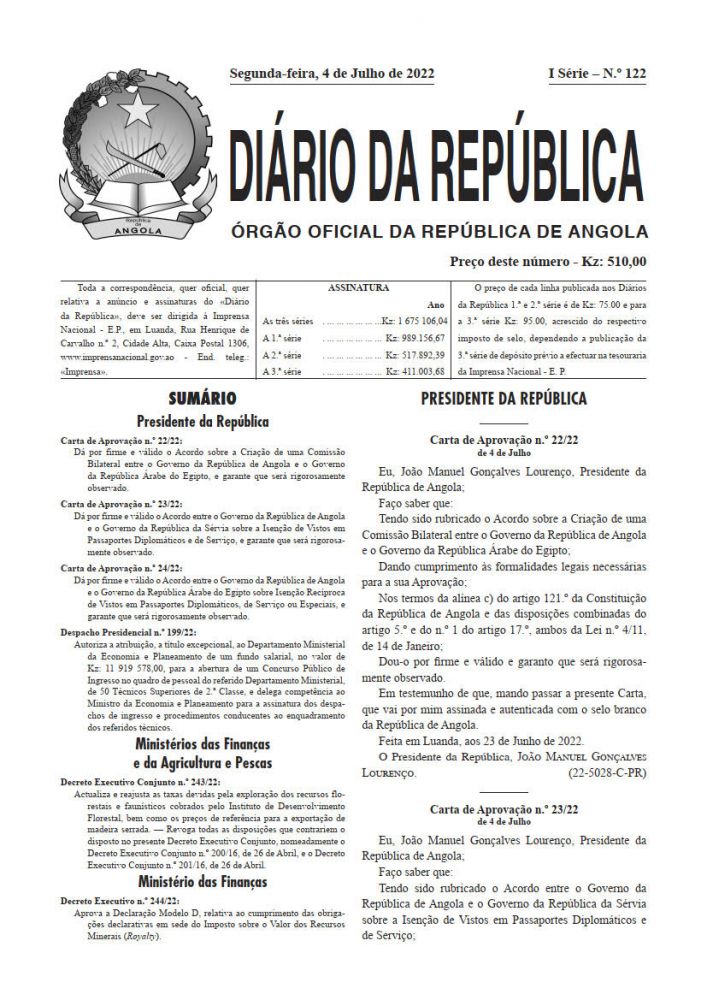 Diário da República Iª Série n.º 122 de 04 de Julho de 2022