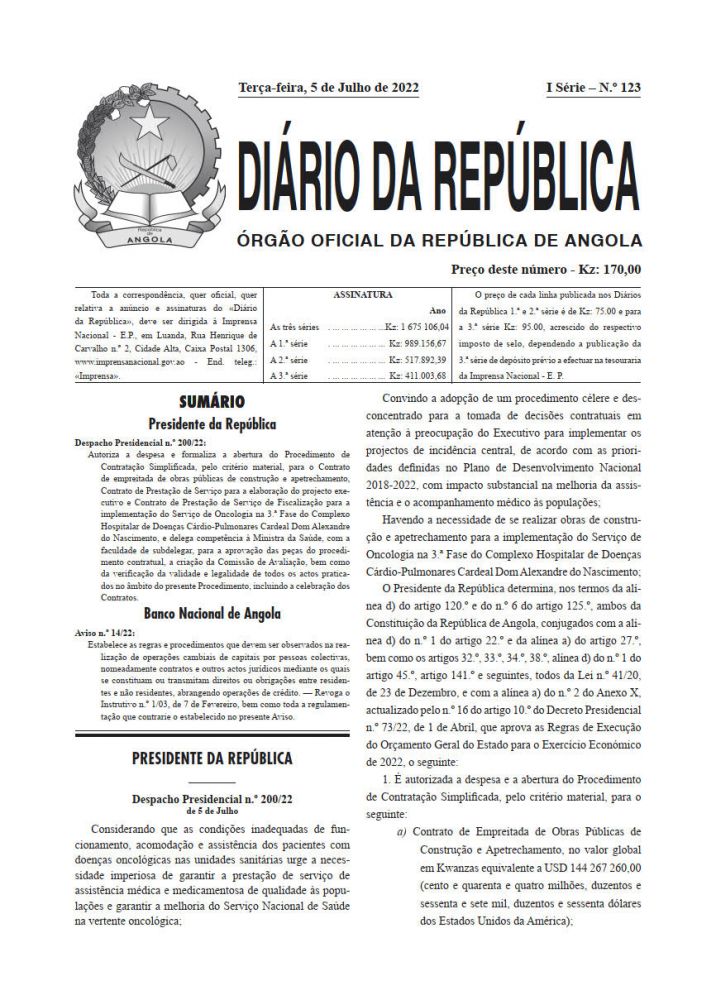 Diário da República Iª Série n.º 123 de 05 de Julho de 2022