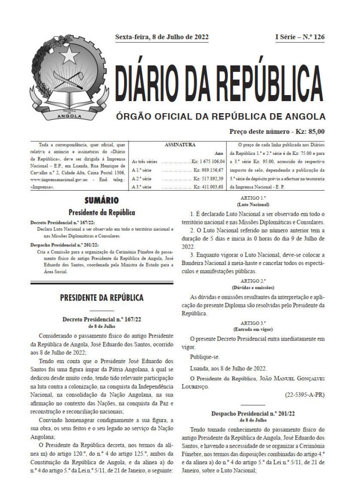 Diário da República Iª Série n.º 126 de 08 de Julho de 2022