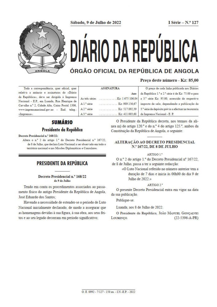 Diário da República Iª Série n.º 127 de 09 de Julho de 2022