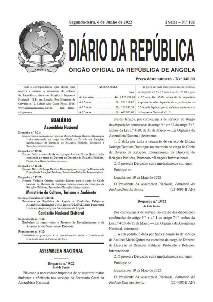 Diário da República Iª Série n.º 102  de 6 de Junho de 2022